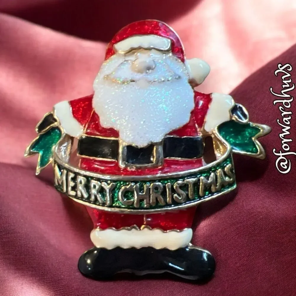 Vintage Santa Merry Christmas Metal & Enamel Brooch